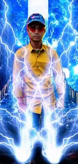 Person surrounded by blue electric aura with vibrant lightning effects.