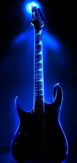 Glowing blue electric guitar with vibrant light emanating.