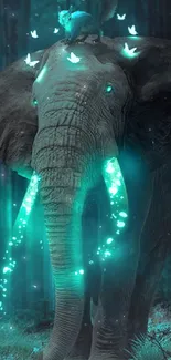 Glowing elephant in mystical dark forest with luminous butterflies.