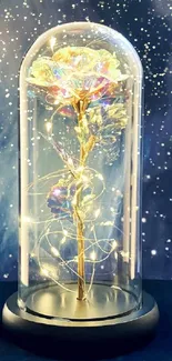 Enchanted glowing rose in glass with starry cosmos background.