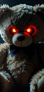 Teddy bear with glowing red eyes in dark.
