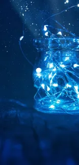 Jar filled with glowing blue fairy lights against a starry night background.