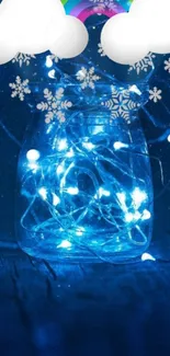 Jar with glowing fairy lights and clouds on a blue background.