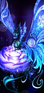 Glowing fantasy dragon on luminous rose.