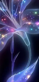 Glowing fantasy flower with colorful lights on a dark background.