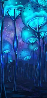 Illustrated glowing blue forest with starry sky.