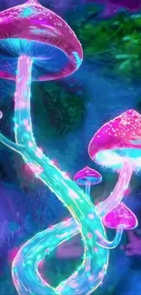 Vibrant glowing mushrooms in a mystical forest scene, perfect for wallpaper.