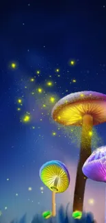 Fantasy wallpaper with glowing mushrooms under a starry night sky.