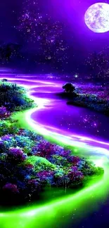 Mystical neon river under a purple night sky with full moon.