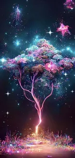 Glowing fantasy tree with colorful cosmic aura and vibrant pink and blue lights.