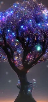 Magical glowing tree under a dark sky with vibrant, colorful lights.