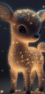 Cute glowing fawn in a magical setting with golden light spots.