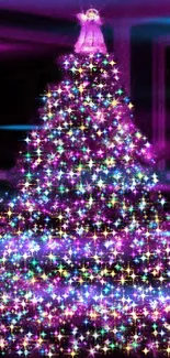 Festive Christmas tree with colorful lights glowing in purple hue.