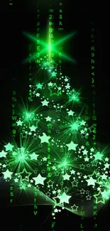 Glowing green Christmas tree wallpaper with starry lights.