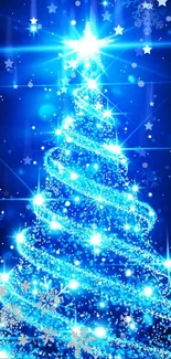 Bright blue Christmas tree with snowflakes and stars wallpaper.