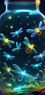 Glowing fireflies in a jar at night.