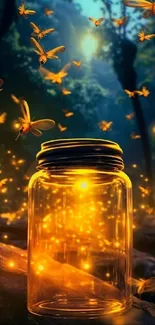 A jar filled with glowing fireflies in a mystical forest setting.