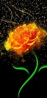 Glowing yellow rose with neon green stems on a dark background.