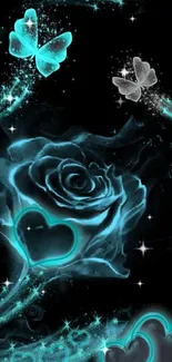 Turquoise glowing rose with butterflies and hearts on dark background.