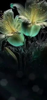 Glow-in-the-dark floral wallpaper with vibrant flowers on a dark background.