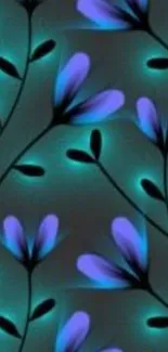 Mobile wallpaper with glowing purple flowers on a teal background.