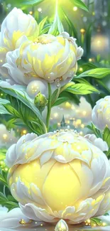 Enchanting white peonies with golden glow.