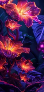 Glowing purple and orange flowers on a dark background.