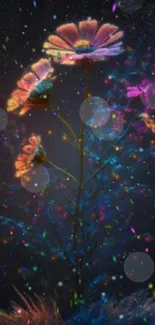 A glowing floral nightscape wallpaper with vibrant flowers in a cosmic setting.