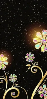 Dark background with glowing, colorful floral designs and gold accents.