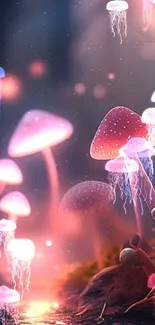 Fantasy wallpaper with glowing mushrooms and jellyfish in a colorful forest.