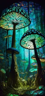 Fantasy wallpaper featuring glowing mushrooms in a mystical forest.