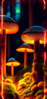 Luminous mushrooms glow in a dark, magical forest scene.