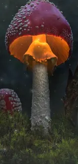 Glowing red mushrooms in a dark forest scene making a magical visual.