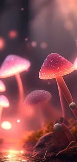 Glowing pink mushrooms in a dark, mystical forest scene.