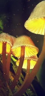 Four glowing mushrooms in a mysterious forest scene.