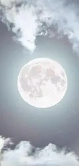 Full moon glowing through scattered clouds in the night sky.