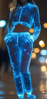 Person in glowing futuristic outfit with city lights.