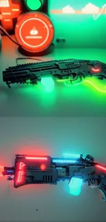 Futuristic neon guns with glowing effects.