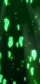 Mobile wallpaper with glowing green ghosts on a dark background.