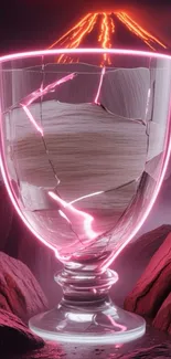 A cracked glass with neon glow against mountain peaks.