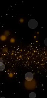 Glowing golden bokeh particles on a dark background.