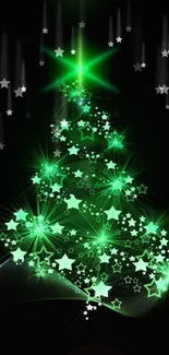 Glowing green Christmas tree with stars on black background.