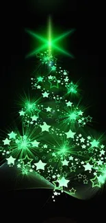 Glowing green Christmas tree with starry lights on a dark background.