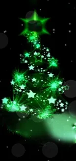 Glowing green Christmas tree with starry lights on dark background.