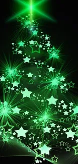 A glowing green Christmas tree on a dark background for a festive wallpaper.