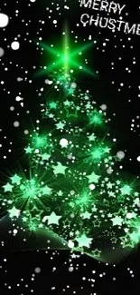 Vibrant green Christmas tree with glowing starry lights.