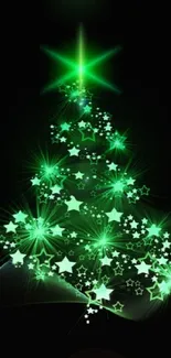 Glowing green Christmas tree with stars.