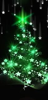 Glowing green Christmas tree with starry lights on dark background.