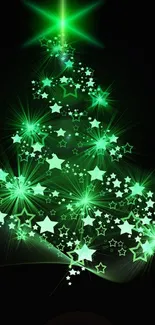 Glowing green Christmas tree on dark background.