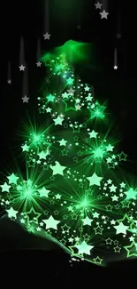 Glowing green Christmas tree with stars wallpaper.